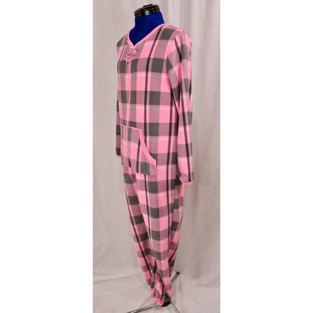 Secret Treasures Pink Gray Plaid Fleece Pajamas Size Medium 8 10 VTG Footless 1 - Picture 9 of 11